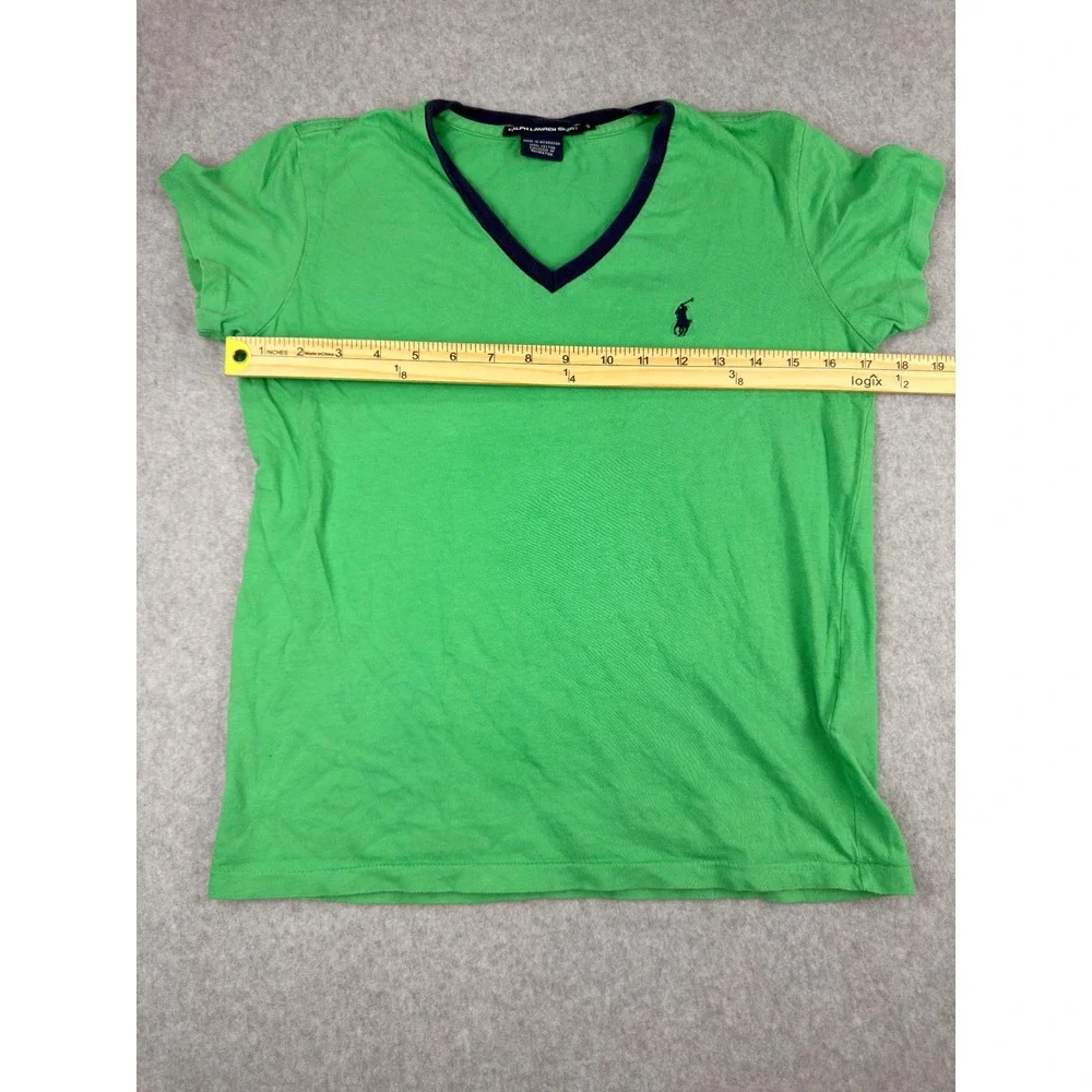 Ralph Lauren Sport Womens Y2K Green V-Neck T-Shirt Navy Pony Preppy Size S